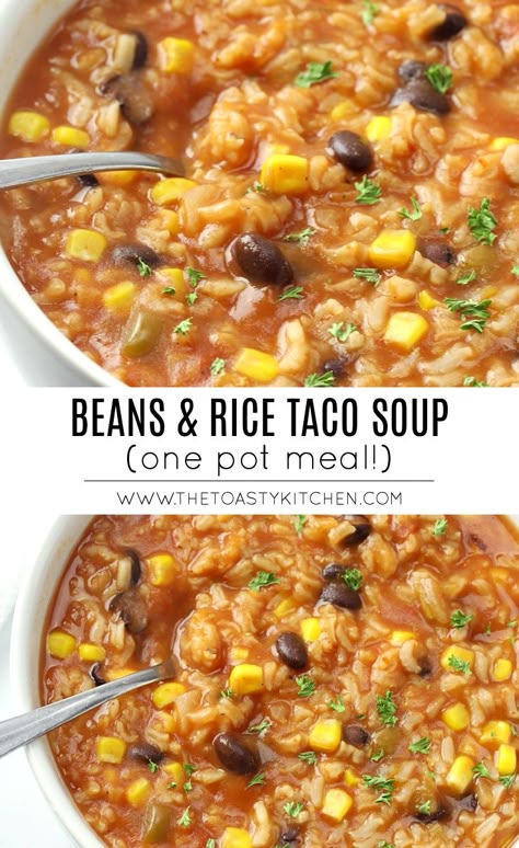 Rice And Beans Soup, Easy Meatless Soup Recipes, Bean And Rice Soup Recipes, Vegetarian Rice Soup Recipes, Vegan No Dairy Recipes, Vegetarian Gluten Free Soup Recipes, Easy Beginner Vegan Recipes, Heathly Easy Meals, Healthy Cornmeal Recipes