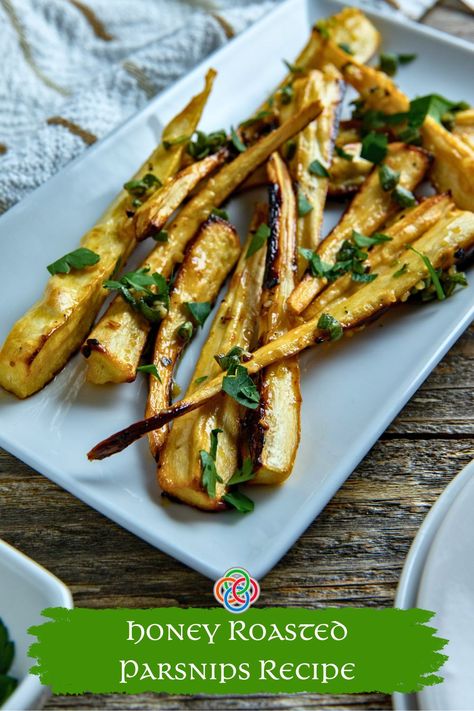 Honey roasted parsnip slices on a platter with text banner Parsnips Recipe, Honey Roasted Parsnips, Parsnip Recipes, Roasted Parsnips, Healthy Honey, Holiday Meals, Honey Roasted, Sweet And Savory, Parsnips