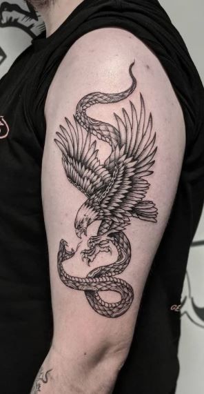 Eagle Snake Tattoo Design, Bird Snake Tattoo, Eagle Catching Snake Tattoo, Eagle Eating Snake Tattoo, Mexican Eagle And Snake Tattoo, Eagle Holding Snake Tattoo, Eagle Snake Tattoo Traditional, Bird And Snake Tattoo, Snake Bicep Tattoo