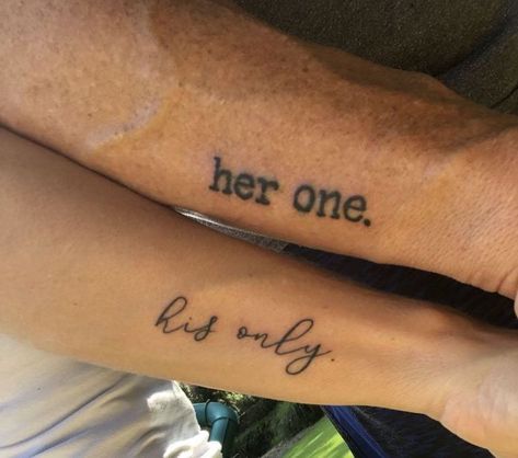 her-one-his-only-matching-tattoos-wrist-tattoos His One Her Only Tattoo Couple Tat, Spouse Tattoos Marriage, Tattoo Relationship, Tattoo Partner, Couples Tats, Couple Tats, Partner Tattoo, Side Arm Tattoos, Him And Her Tattoos