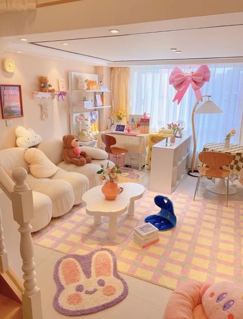 Cute Korean Living Room Aesthetic, Pastel Gamer Room, Kidcore Living Room, Otaku Living Room, Cutecore Living Room, Living Room Background Aesthetic, Xiaohongshu Living Room, Kawaii Living Room Ideas, Room Inspo Cute