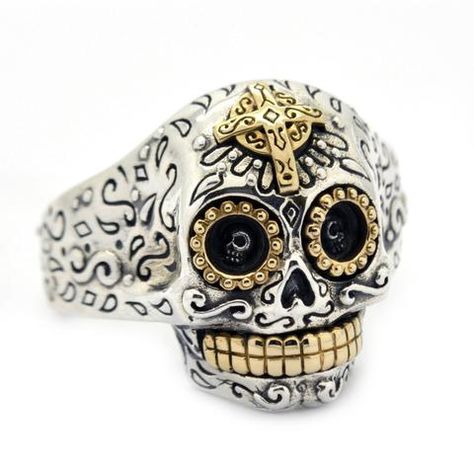 Adjustable Biker Sugar Skull Ring in Sterling Silver Sugar Skull Ring, Gothic Wedding Rings, Sterling Silver Skull Rings, Skull Accessories, Mexican Skull, Mexican Sugar Skull, Silver Skull Ring, Biker Jewelry, Skull Clothing