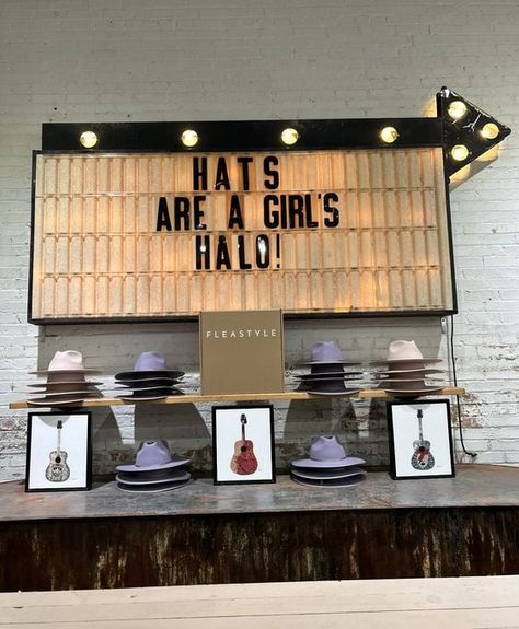 Trucker Hat Display Ideas Craft Show, Mobile Hat Bar, Hat Bar Set Up, Western Boutique Ideas, Hat Bar Display Ideas, Western Boutique Display, Hat Bar Ideas, Vendor Booth Display Ideas Clothing, Retail Quotes