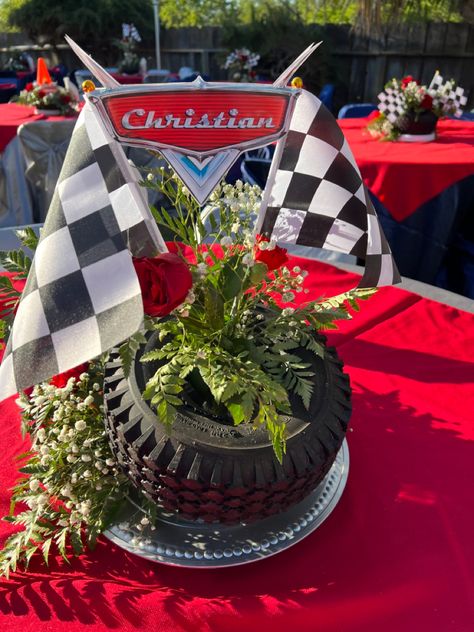 #Pixarcars #McQueen Party #tirecenterpiece Race Car Banquet Ideas, Cars Movie Centerpieces, Racecar Party Centerpieces, Car Theme Centerpieces, Lightning Mcqueen Birthday Centerpieces, Car Birthday Centerpieces, Pixar Cars Dessert Table, Cars Second Birthday Party, Cars Theme Birthday Party Centerpieces