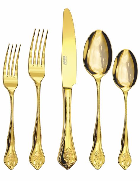 PRICES MAY VARY. Comprehensive Dining Set: This royal gold silverware set includes four of each: dinner knives, dinner forks, salad forks, dinner spoons, and teaspoons, catering fully to all dining needs. The golden vintage flatware set ensures a consistent and glamorous presentation, making every meal a special event. Luxurious Craftsmanship: Immerse yourself in the opulence of the regent bead gold flatware set, superbly crafted from high-grade stainless steel. This 20-piece service for four is Rose Gold Silverware, Beaded Flatware, Golden Cutlery, Rose Gold Cutlery, Rose Gold Flatware, Copper Flatware, Gold Silverware, Gold Cutlery Set, Stainless Steel Silverware