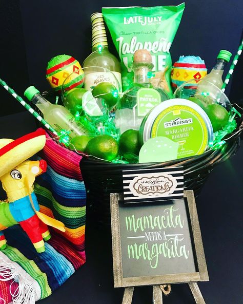 Margarita Basket Ideas For Raffle, Margarita Raffle Basket Ideas, Margarita Basket Ideas, Mexican Gift Basket, Margarita Gift Basket Ideas, Margarita Basket, Fundraiser Basket Ideas, Liquor Bags, Alcohol Basket