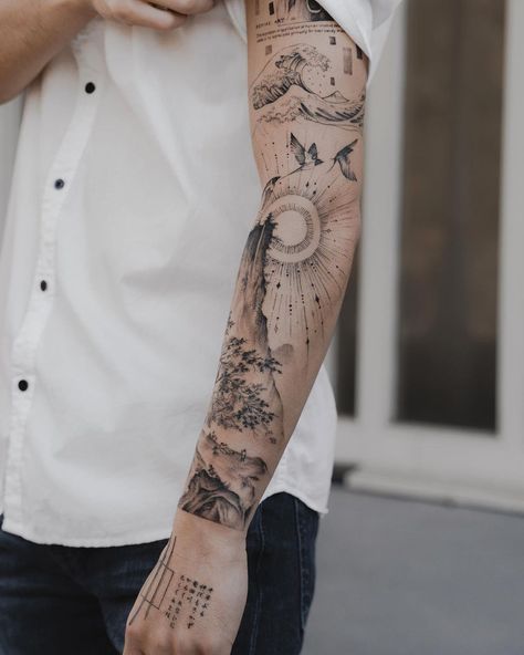 Nature Tattoo Ideas Women, World In Hands Tattoo, Underground Tattoo Ideas, Background Tattoo Design, Natur Tattoo Arm, Full Hand Tattoo, Nature Tattoo Sleeve, Geometric Sleeve Tattoo, Band Tattoos