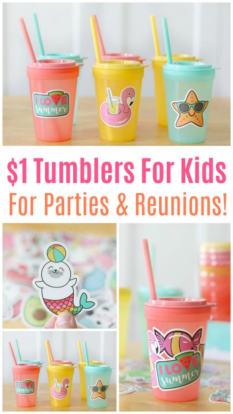 No more writing names on Solo cups, these tumblers for kids are inexpensive and fun to decorate with water bottle stickers. Perfect for parties and family reunions! Decorate Water Bottles Diy, Diy Personalized Tumblers, Tumbler Party Favors, Cup Party Favors, Water Bottle Party Favors, Party Favor Water Bottles, Personalized Party Favors Kids, Decorating Plastic Cups, Personalized Tumblers For Kids