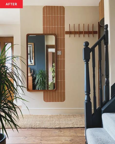 A “Plain” Entryway Gets a Faux Tile Paint Makeover for $30 | Apartment Therapy Entryway Wall Decor Ideas, Painted Accent Wall, Entry Staircase, Entryway Paint, Mid Century Modern Entryway, Mid Century Entryway, Paint Makeover, Tile Accent Wall, Tile Paint