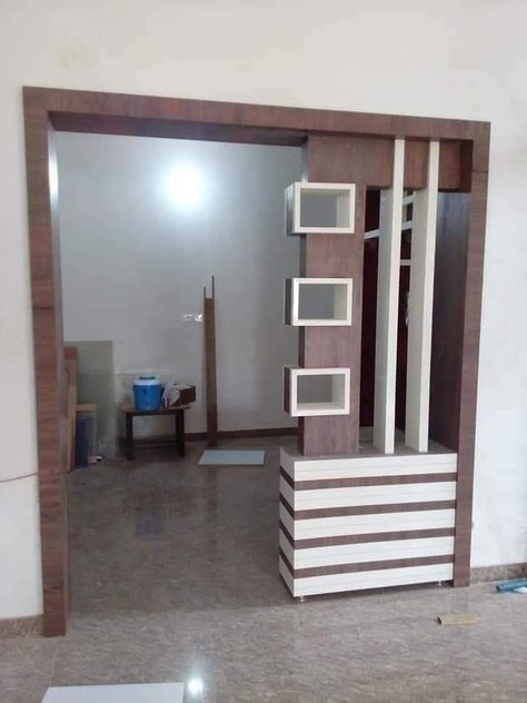 Hall Arch Design House With Wood, Wood Arch Designs For Hall, Hall Partition Living Rooms Wood, Cement Partition Wall, Cement Partition Design, Kitchen Arch Design Modern With Cement, Hall Arch Design House With Cement, Wooden Arch Designs For Hall, Hall Dining Partition Design