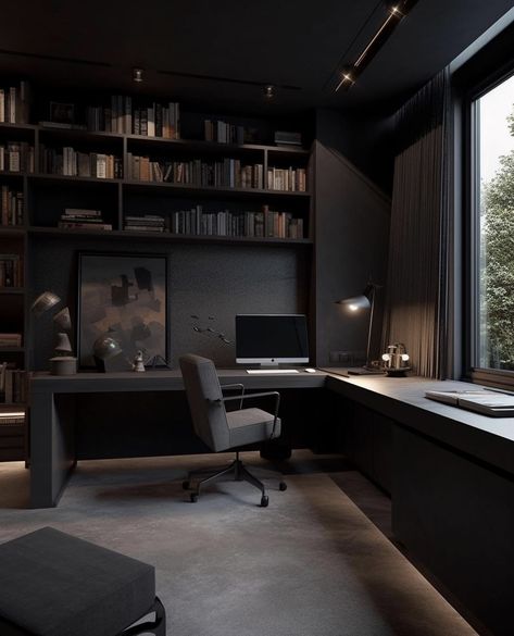 Study Room Decor Men, Mens Desk Setup, Luxury Study Room Design, Dark Study Room, Study Corner Ideas, Luxury Study Room, Dark Home Office, Studying Room, Home Office Dark