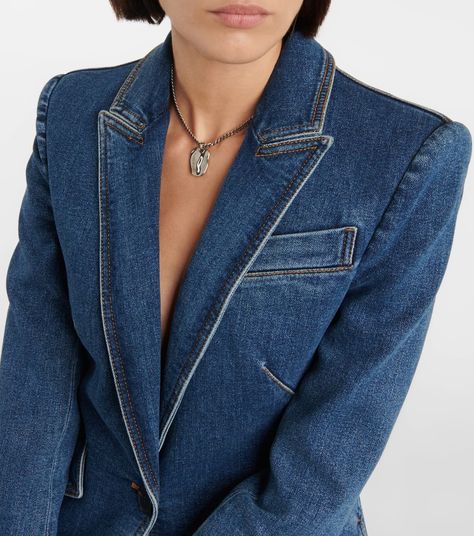 Luxury Denim Blazer In Denim Blue, Tshepo Jeans, Luxury Tailored Denim Blazer, Denim Blazer Outfit, Yayoi Kasuma, Denim Blazer Women, Luxury Chic Button-up Denim Jacket, Luxury Button-up Denim Jacket For Women, Luxury Blue Button-up Blazer