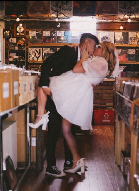 Record Store Engagement Photoshoot, Record Store Wedding Photos, Engagement Photos 50s Theme, Thrift Store Engagement Photos, Engagement Photos Quirky, Retro Engagement Photoshoot, Retro Diner Engagement Photos, Record Store Engagement Photos, 50s Engagement Photos