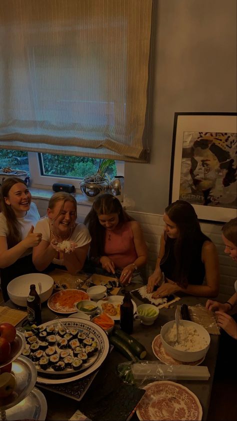 Sushi making by girls 
Vegetables on table 
Girls laughing Girls Night Asthetics, Girls Day In Ideas, Vision Board Girls Night, Girls Night Aesthetic Home, Girl Night Ideas, Girls Night In Aesthetic, Cozy Girls Night, Fall Girls Night, Girls Night Aesthetic