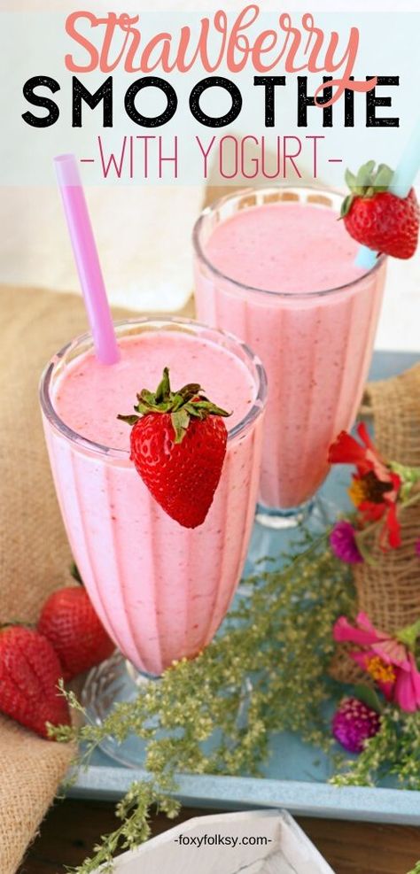 Who says you cannot indulge yourself while eating healthy? This strawberry smoothie with yogurt is so good—delicious and healthy!  Requiring only five ingredients that can still be cut down to three! | www.foxyfolsy.com #recipe #foxyfolksy #drinks #strawberries #spring Smoothie With Yogurt, Strawberry Yogurt Smoothie, Foxy Folksy, Smoothie Recipes With Yogurt, Yogurt Smoothie, Smoothie Recipes Strawberry, Juice Smoothies Recipes, Smoothie Drink Recipes, Summer Smoothies