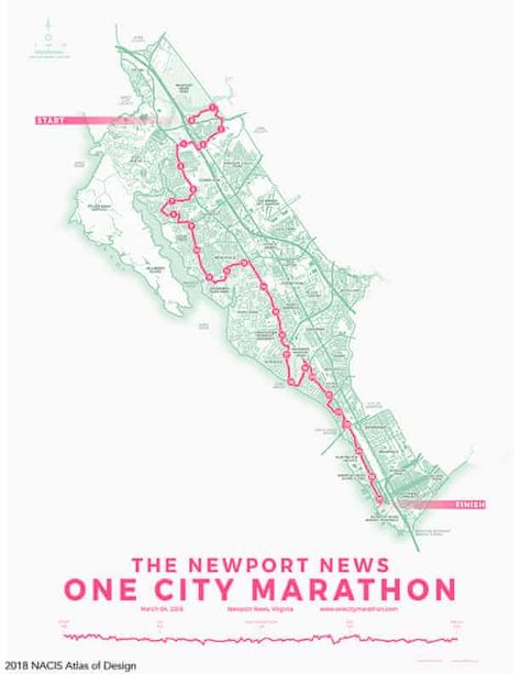 Jonah Adkin’s map of The One City Marathon, an annual running event in the City of Newport News, Virginia. Running Map, Newport News Virginia, Pink Run, Portfolio Theme, City Marathon, Sustainable City, Area Map, Manhattan Skyline, Newport News