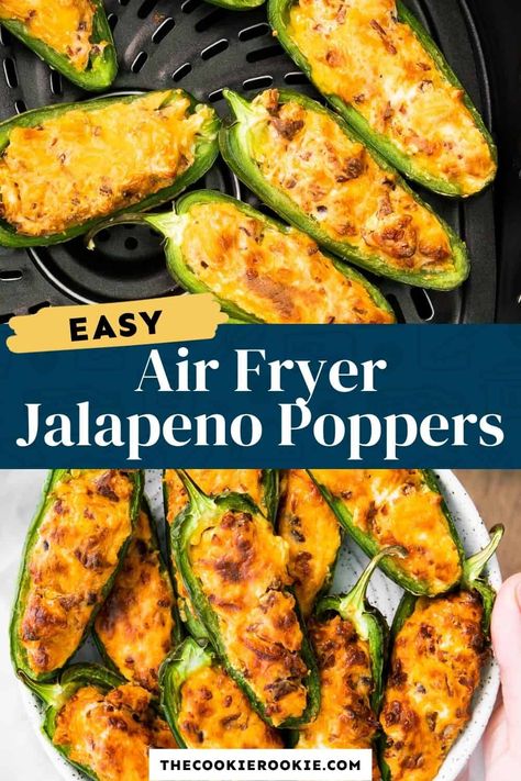 If you love jalapeno poppers, you have to try this air fryer recipe! Ready to enjoy in less than 20 minutes, jalapenos are stuffed with cream and cheddar cheese and topped with bacon bits for one delicious appetizer. Jalapeño Poppers Recipe, Air Fryer Jalapeno Poppers, Fried Jalapeno Poppers, Air Fryer Jalapeno, Cream Cheese Stuffed Jalapenos, Jalapeno Popper Bites, Jalapeno Popper Recipes, Spicy Appetizers, Jalapeño Poppers