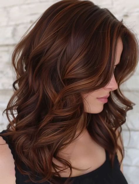 47 Stunning Rich Brunette Hair Color Ideas for Every Style Auburn Highlights On Dark Brown Hair, Warm Burgundy Hair Color, Copper Auburn Hair Color Balayage, All Over Color Ideas For Brunettes, Fall Hair Color For Brunettes Caramel Low Lights Dark Brown, Cinnamon Hair Color Balayage, Auburn Brunette Hair Balayage, Medium Auburn Brown Hair, Dirty Brunette Hair