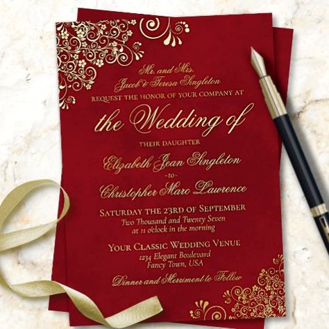 $3.9 | Classic Elegance Crimson Red Formal Wedding Gold - wedding, classic traditional elegance, formal wording, hosted by parents of bride, real pressed foil, fancy script calligraphy lettering, simple elegant and stylish, decorative curls and swirls, ornate golden lace filigree, crimson red and gold Red And Gold Wedding Theme, Red And Gold Wedding Invitations, Pocahontas Wedding, Red And Gold Wedding, Crimson Wedding, Emerald Green Wedding Theme, Angel Wedding, Christmas Gala, Quince Decor