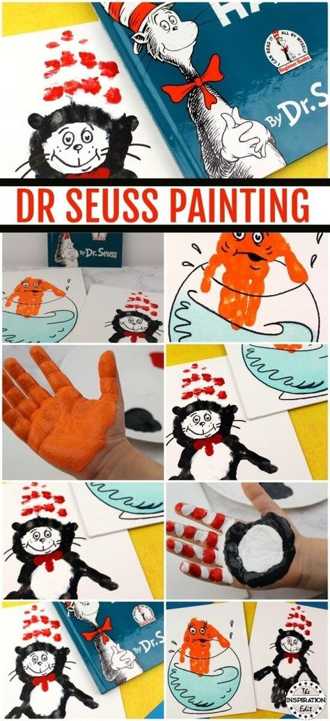 We really do love Dr Seuss and I’ve had a whole array of fun Dr Seuss Craft ideas here on The Inspiration Edit. Check out this Cat In The Hat handprint canvas Handprint Canvas, Dr Seuss Craft, Dr. Seuss Crafts, Handprint Painting, Dr Seuss Activities, Preschool Spring, Dr Seuss Crafts, Babysitting Crafts, Seuss Crafts