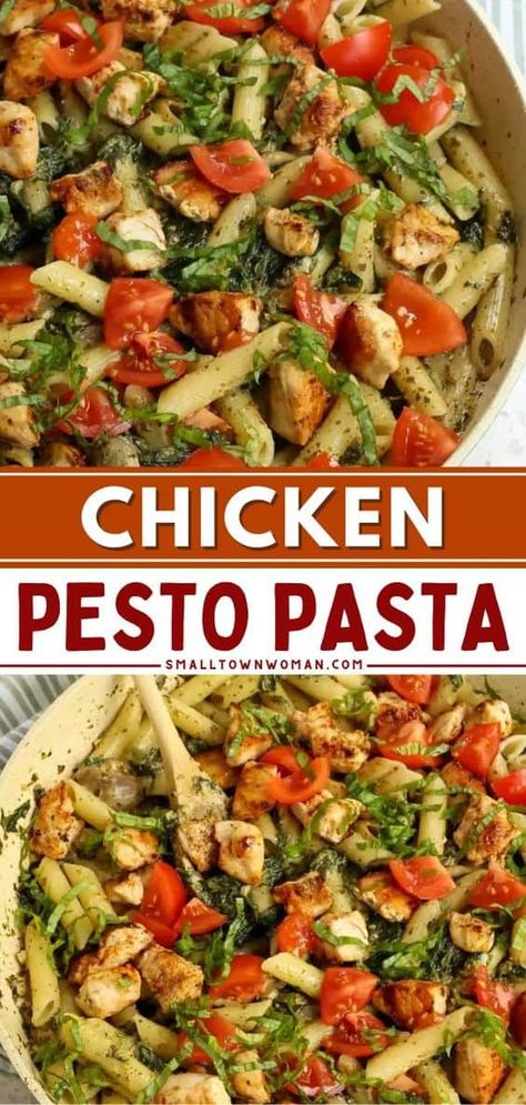 There's so much to love about this quick and easy chicken pasta! You're only less than 30 minutes away from this simple dinner recipe. Tossed in a creamy pesto sauce, this comfort food idea is flavor-packed. Pin this for later! Chicken Pesto Pasta, Mushrooms And Spinach, Creamy Pesto Pasta, Creamy Pesto Sauce, Golden Chicken, Chicken Pesto, Couscous Recipes, Creamy Pesto, Pesto Chicken Pasta