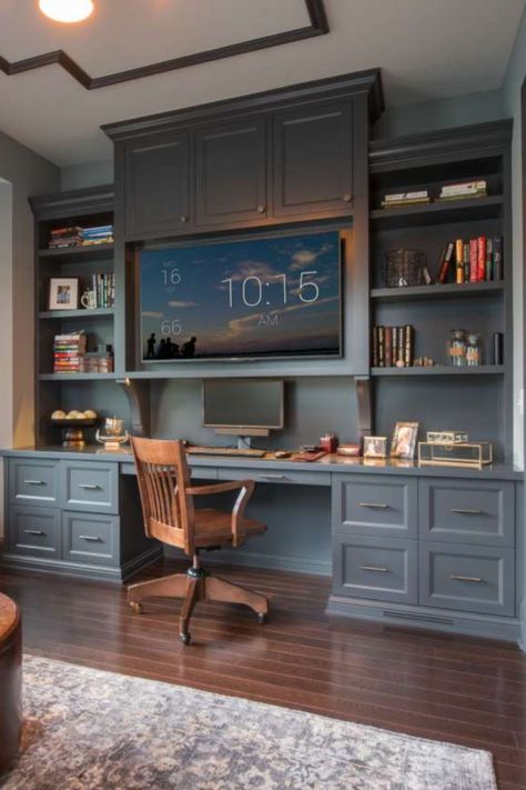 Built In Desks, Office Built Ins, Kabinet Dapur, Office Remodel, Blue Office, Small Home Offices, Home Library Design, Built In Desk, Home Office Setup