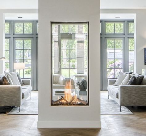 TM- See Through Fireplace Style? Modern Fireplace Decor, Fireplace Modern Design, Two Sided Fireplace, Direct Vent Gas Fireplace, Gas Fireplaces, Double Sided Fireplace, European Home, Model House, Contemporary Fireplace