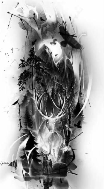 Dark Forest Tattoo Design, Black And White Tattoos For Men, Inner Bicep Tattoo Men Ideas Design, Hirsch Tattoo Frau, Kurt Tattoo, Forest Forearm Tattoo, Wilderness Tattoo, Wood Tattoo, Stag Tattoo