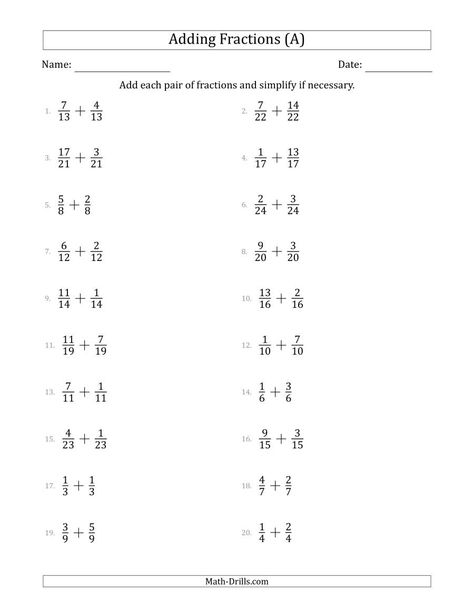 The Adding Fractions with Like Denominators (Simple Fraction Sums) (A) Math Worksheet Adding Fractions With Like Denominators, 10th Grade Math Worksheets, Fraction Addition, Free Fraction Worksheets, Multiplying Fractions Worksheets, Unlike Fractions, Add Fractions, Math Fractions Worksheets, Addition Of Fractions