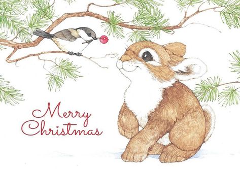 Tree Christmas Cards, Christmas Pebble Art, Rabbit Wallpaper, Tole Painting Patterns, Bunny Art, Sweet Christmas, Christmas Drawing, Christmas Scenes, Whimsical Illustration