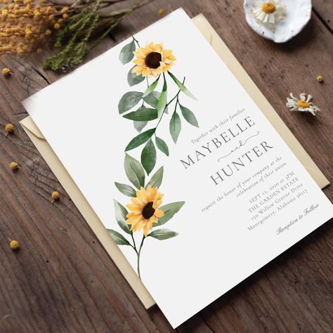 Celebrate your special country style wedding with our elegant country style sunflower wedding invitation design. Our design features our hand-painted watercolor golden yellow sunflowers, white cream florals, and natural greenery arranged to create this elegant country-style arrangement. Invitations details are beautifully designed to create this simple yet elegant country style wedding invitation. All flowers are hand-painted by Moodthology Papery. Country Style Wedding Invitations, Sunflowers Watercolor, Sunflower Arrangement, Sunflower Invitations, Rustic Sunflower Wedding, Watercolor Sunflowers, Sunflower Themed Wedding, Wildflower Wedding Invitations, Wedding Bohemian