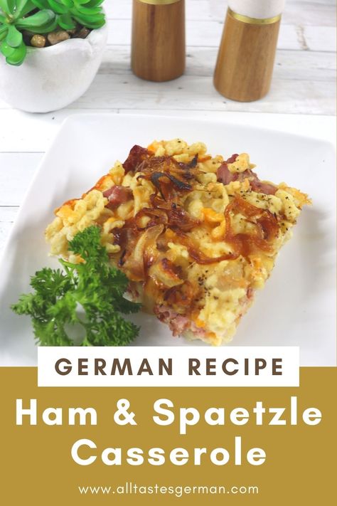 ham and spaetzle noodles casserole on a white plate with a garnish of parsley Recipes With Spaetzle Noodles, Spatzle Recipe, Spaetzle Recipes, Casserole With Ham, Oktoberfest Recipes, Cheese Spaetzle, German Dinner, Ham And Cheese Casserole, German Spaetzle