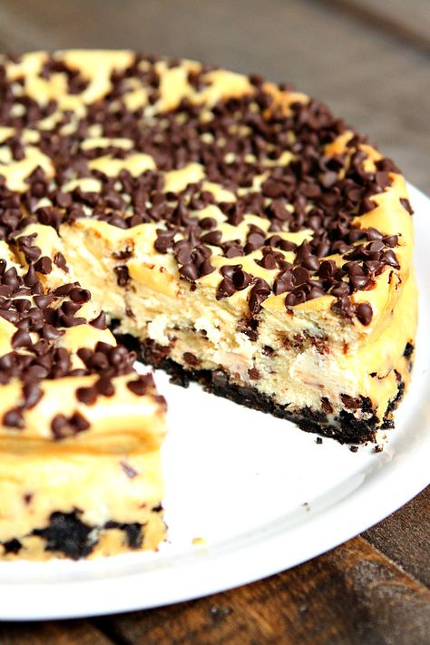 Chocolate Chip Cheesecake Recipe via @recipegirl Delicious Cheesecake Recipes, Chocolate Cheesecake Recipes, Chocolate Chip Cheesecake, Best Cheesecake, Chocolate Chip Recipes, Halloween Desserts, Cheesecake Recipe, Chocolate Cheesecake, Easy Chocolate