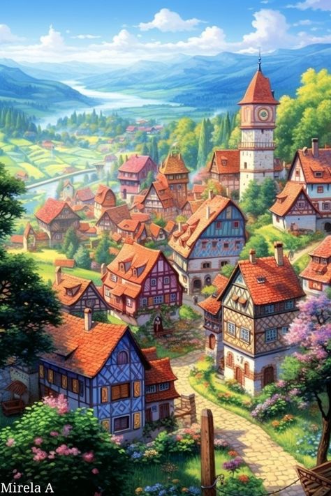 Medieval House Concept, Medieval House Concept Art, House Concept Art, Anime Town, Coloring Aesthetic, Magical Village, Vila Medieval, Fairytale Town, Fantasy City Map