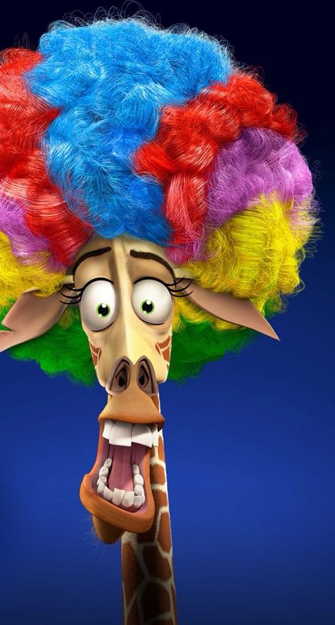 Clown wigged Madagascar giraffe Madagascar Movie, Images Emoji, Cartoon Giraffe, Giraffe Art, Animation Movie, Pinturas Disney, Colorful Hair, Cute Disney Wallpaper, Character Wallpaper