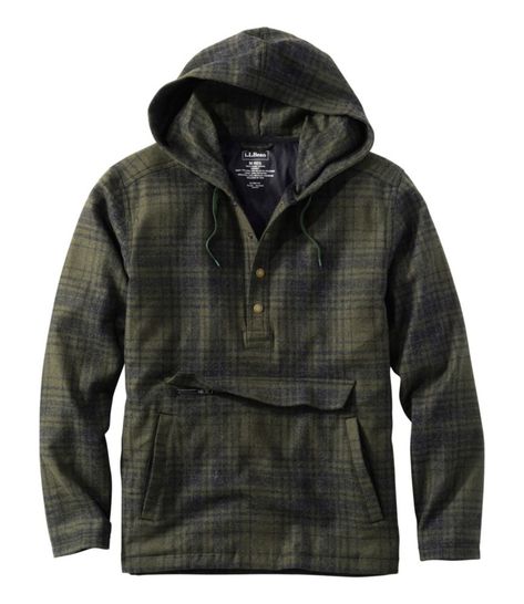 This warm anorak is a new and creative twist on our legendary wool tops. Made with the same rugged wool as our other Maine Guide wool apparel, this is the perfect hooded sweatshirt for cool days. Traditional Fit. Body insulation: Coldshield 100% recycled polyester 60gr. Shell is 70% wool/25% nylon/5% polyester twill. Body and sleeves lined with 100% recycled polyester taffeta. Dry clean. Wool is warm even when wet and quiet in the field so you won't spook game. Quarter button up with four button Wool Anorak, Lumber Jack, Bush Craft, Lined Flannel Shirt, Bike Touring, Ripstop Pants, Winter Fishing, Fair Outfits, Man Clothes