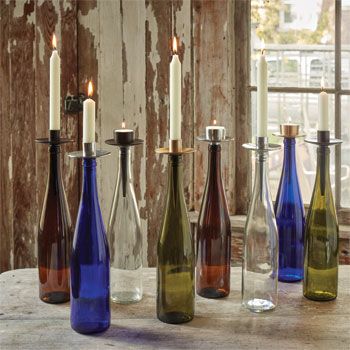 We have the perfect excuse for you to drink more wine. Reuse your wine bottles and make unique candle decor with the help of our #bottelabra candle holders! #candles #northernlightscandles #wine #winter #reuse #recycle #homedecor Bottle Candle Holder, Wine Bottle Centerpieces, Garden Wind Spinners, Bottle Candle, Bottle Centerpieces, Empty Wine Bottles, Blue Glass Bottles, Taper Holders, Bottle Candles