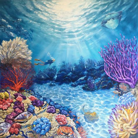 "Kingdom Of Neptune. Underwater Paradise" by Irina Redine. Paintings for Sale. Bluethumb - Online Art Gallery Laut Art, Underwater Art Background, Undersea Painting, Sea Life Painting Underwater, Sea Drawings, Deep Sea Painting Underwater, Underwater Wall Mural Painting, Coral Painting, Ocean Mural