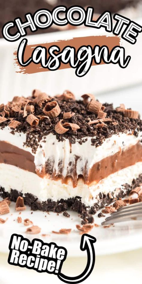 Easy Chocolate Lasagna, No Bake Chocolate Lasagna Recipe, Oreo Lasagna, Chocolate Lasagna Recipe, No Bake Chocolate Desserts, Chocolate Lasagna, Easy Lasagna Recipe, Crushed Oreos, Easy No Bake Desserts