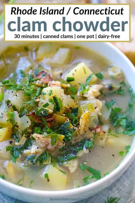 Rhode Island Clam Chowder, or Clear Broth Clam Chowder, has no milk or cream in it and is easily made dairy free! Using canned clams is a great shortcut without sacrificing taste and it only takes 30 minutes in one pot for this easy and simple clam chowder recipe! Rhode Island Clam Chowder Recipe, Rhode Island Clam Chowder, Best Clam Chowder Recipe, Canned Clams, Clam Chowder Soup, Clam Chowder Recipe, Chowder Soup, Chowder Recipe, Clam Recipes