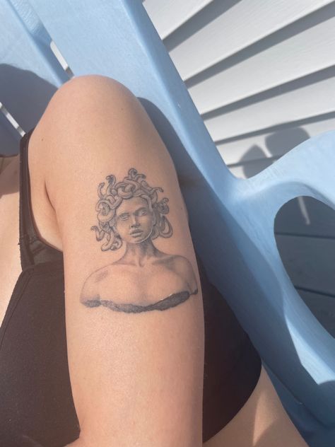 Cute little Medusa head statue tattoo on arm. Tattoo On Arm, Medusa Tattoo, Tattoo On, Skull Tattoo, Tattoos, Quick Saves