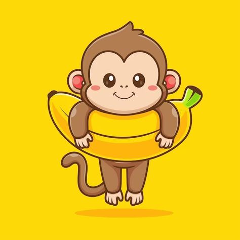 Banana Illustration Cute, Monkey Cute Drawing, Monkey Animation, Cute Monkey Drawing, Cute Animal Logo, Cute Monkey Cartoon, Banana Monkey, Monkey Hanging, Monkey Icon