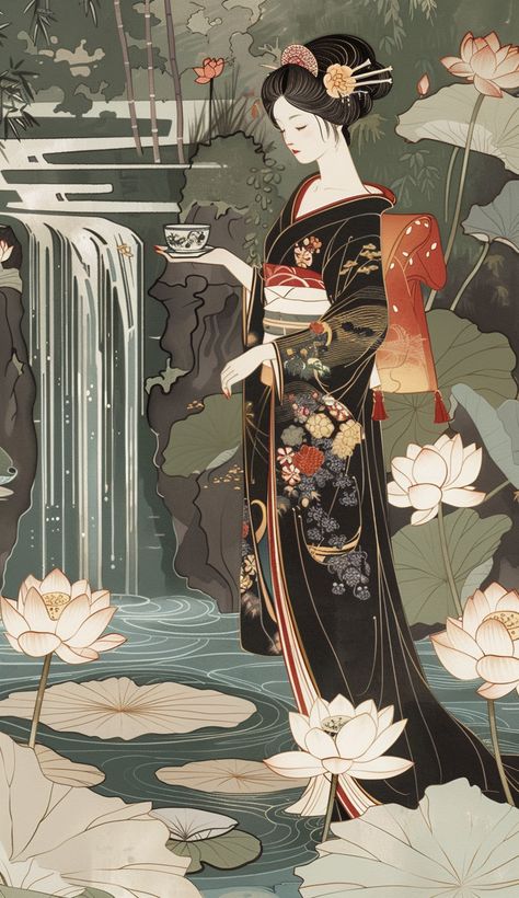 #TraditionalJapaneseAttire #TranquilPond #LotusFlowers #Waterfall #Ukiyo-e #SereneExpression Japanese Ukiyo-e Illustrations, Lotus Japanese Art, Traditional Japanese Woman Art, Traditional Japanese Geisha Art, Old Japanese Woman, Japanese Art Flowers, Japanese Art Traditional, Ukiyo E Art, Japan Traditional Art