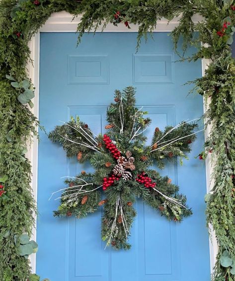 How To Make a Snowflake Wreath DIY for seasonal winter home decor this holiday season. Holiday design on a dime Christmas decor ideas for your front door this winter. I like making something new and different for my front door for the holidays, and instead of a traditional wreath or swag, I used the unique shape of a snowflake but the traditional evergreen boughs to create this lovely front door display. DIY Christmas wreath ideas for the holidays. Snowflake Swag, Make A Snowflake, Elegant Christmas Wreath, Easy Wreath, How To Make Snowflakes, Door Display, Snowflake Wreath, Traditional Wreath, Easy Diy Wreaths