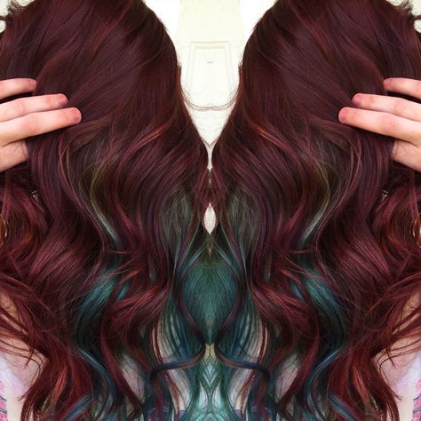 Burgundy hair color with teal peek-a-boos                                                                                                                                                                                 More Hair Color Peek A Boo, Purple Burgundy Hair Color, Purple Burgundy Hair, Burgundy Hair Color, Peekaboo Hair, Teal Hair, Hair Color Burgundy, Burgundy Hair, Penteado Cabelo Curto