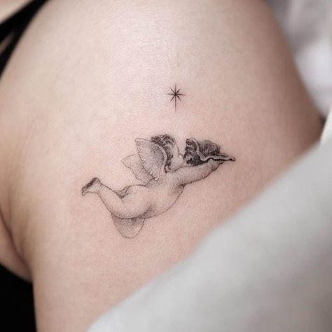 Best Baby Angel Tattoo Designs 3 Flying Cherub Tattoo, 3 Cherub Angel Tattoo, Sleeping Angel Tattoo, Cupid Tattoo Design, Angel Baby Tattoo, Tattoo Guardian Angel, Heavenly Tattoo, Cherub Tattoos, Cherubs Tattoo