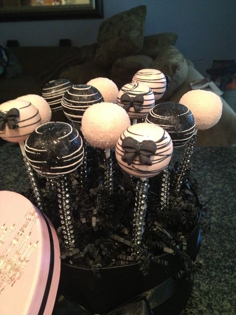 Bling Pops Cupcake Chaos Cupcakechaosbybrandi@gmail Pink And Black Cake Pops, Black And Pink Dessert Table, Pink And Black Cupcakes, Pink Candy Table, 50s Wedding Theme, Pink Dessert Tables, Black Cupcakes, Cake Pop Bouquet, Black And Gold Cake