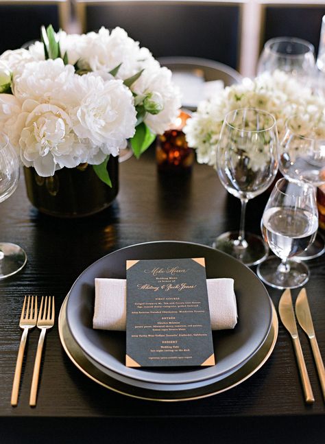 Lending Support Black And Gold Dinner Table Setting, Fringed Tulips, Gold Utensils, Wedding Table Menus, Wedding Reception Napkins, Wine Dinner, Napkin Folding, Reception Table, Birthday Dinners