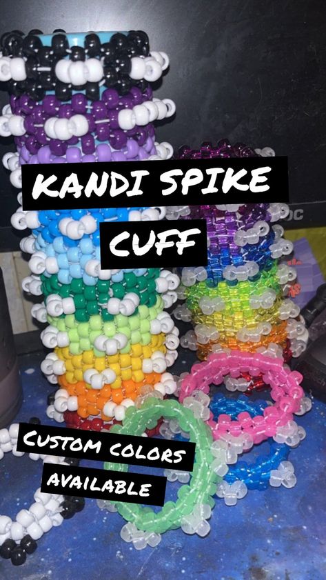 Three bead thick Kandi Spike Cuff! Perfect for raves, cosplay, gifting, trading, and even stocking stuffers! Kandi Cuff Ideas, Bracelets Kandi, Scene Kandi, Kandi Inspo, Diy Kandi Bracelets, Kandi Cuffs, Diy Kandi, Kandi Kid, Candy Bracelet