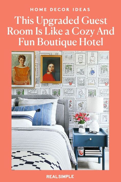 Space of the Week: This Picture-Perfect Guest Room Features Our New Favorite Wallpaper | When designing her guest room, Erin Wheeler wanted an eclectic and layered coziness of a boutique hotel. She wanted the decor to make people smile; a unique wallpaper inspired by her love of vintage art does just that. Get inspired by her guestroom makeover and refresh your space with these essentials! #realsimple #bedroomdecor #bedroominspo #decorideas #details Removable Wallpaper For Renters, Wallpaper For Renters, Wallpaper Application, Cheap Office Decor, Cheap Kitchen Decor, Decor Plants, Minimalist Home Interior, Rustic Nursery, Yellow Bedroom